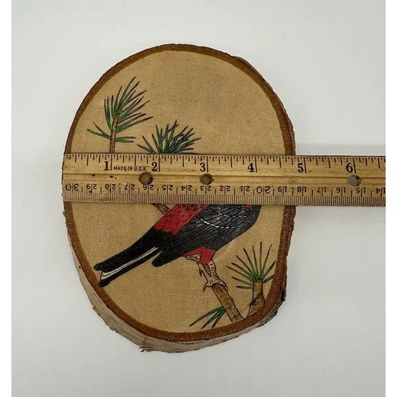 Red Bird Wall Hanging Picture Handmade Signed Live Edge Wood Oval Pine Grosbeak - Picture 8 of 9